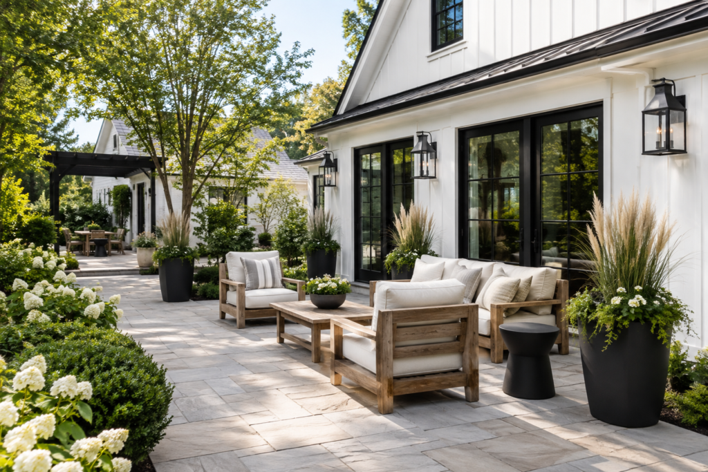 Modern farmhouse backyard with black accents, natural wood furniture and tall outdoor planters.