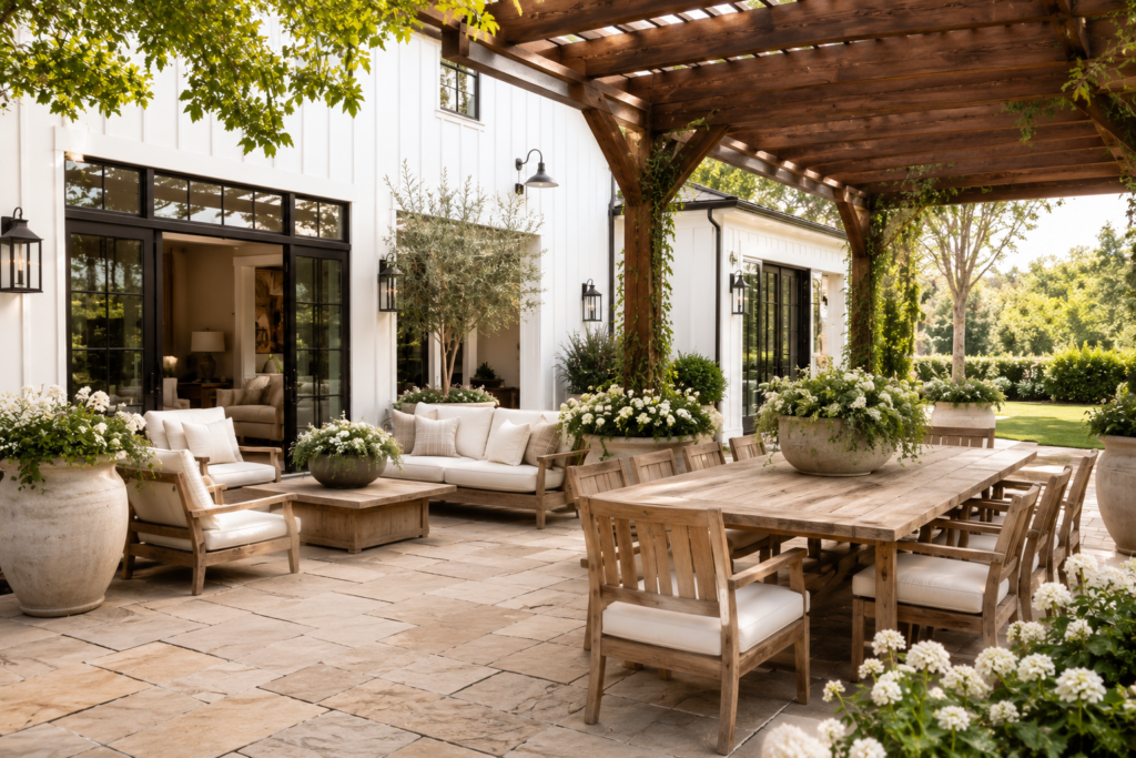 White modern farmhouse backyard with a warm wood pergola, patio furniture and stone planters.