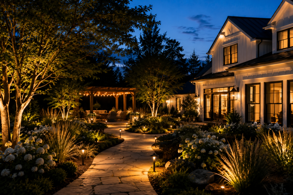 Modern farmhouse backyard at dusk with warm pathway lights, tree uplighting and glowing landscaping.