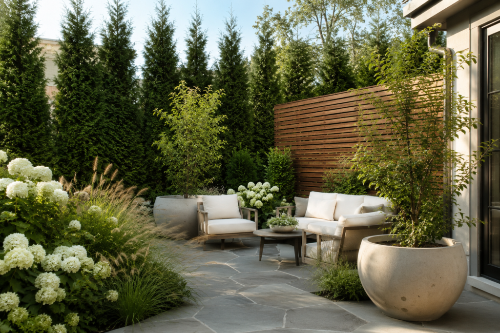 Modern farmhouse backyard with layered privacy landscaping, evergreen trees, hydrangeas and ornamental grasses.