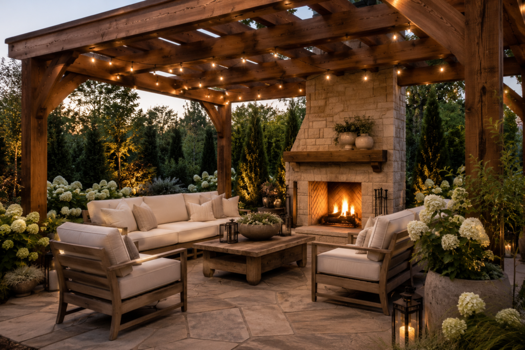 Modern farmhouse wood pergola with a natural stone outdoor fireplace, string lights and cozy seating.