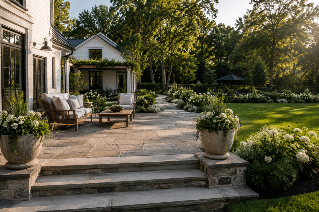 Modern farmhouse patio transitioning into a landscaped backyard with stone paths, planters and flower beds.