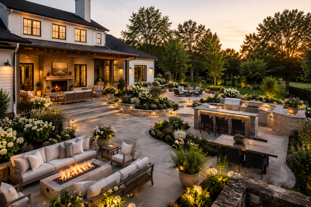 Modern farmhouse backyard with outdoor kitchen, dining, fire feature and resort-style entertaining areas.