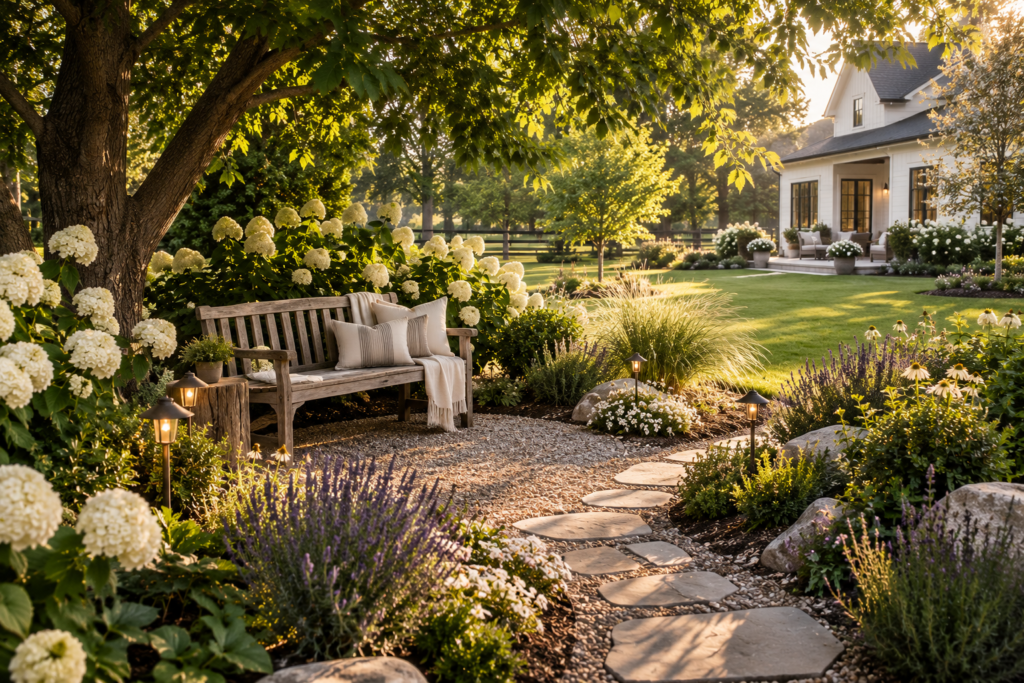 Quiet modern farmhouse garden seating area with a wood bench, stone path, hydrangeas and ornamental grasses.