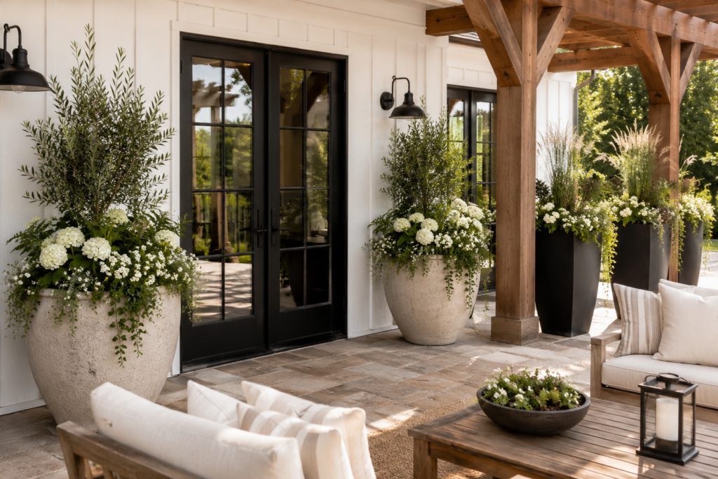 Oversized modern farmhouse planters filled with ornamental grasses, greenery and white flowers on a stone patio.
