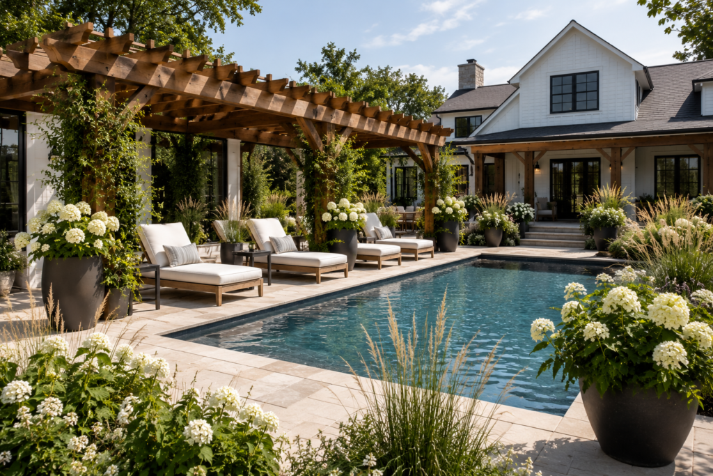 Modern farmhouse pool area with a wood pergola, cream lounge chairs, planters and hydrangea landscaping.