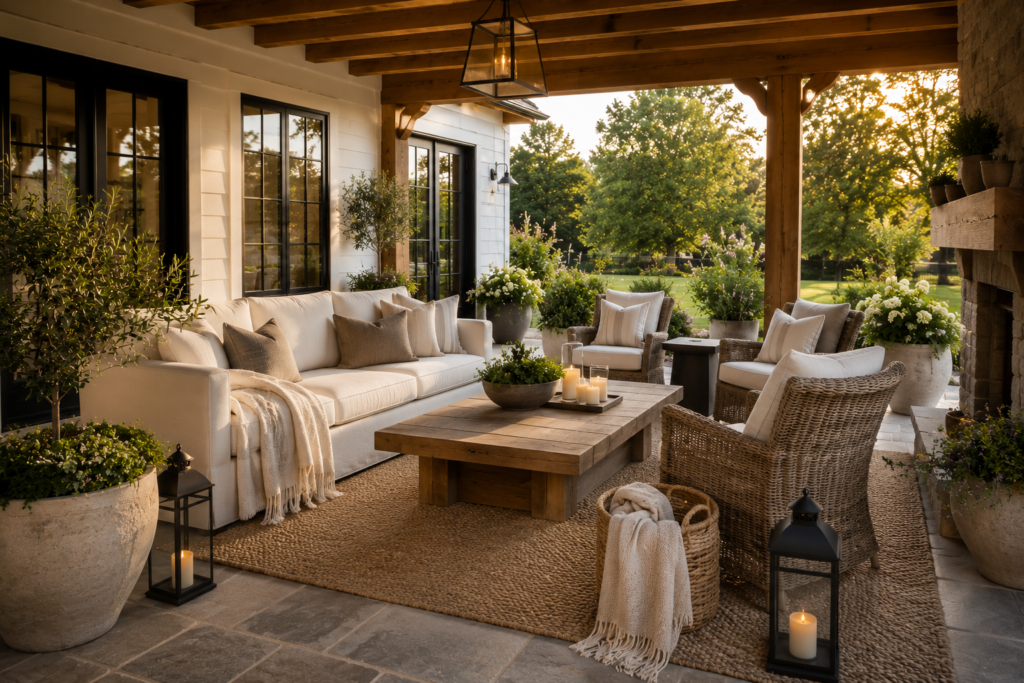 Cozy modern farmhouse outdoor living area with a neutral rug, woven chairs, pillows and natural wood textures.