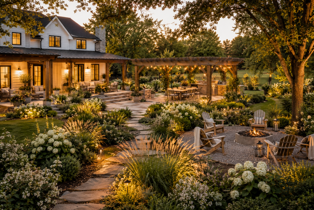 Modern farmhouse backyard ideas with a covered patio, wood pergola, fire pit and layered landscaping