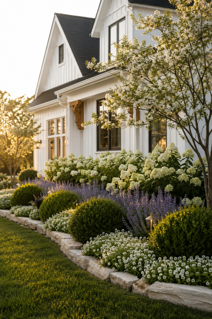 Luxury farmhouse flower bed featuring layered white hydrangeas, lavender catmint, alyssum, boxwoods, and natural limestone edging.