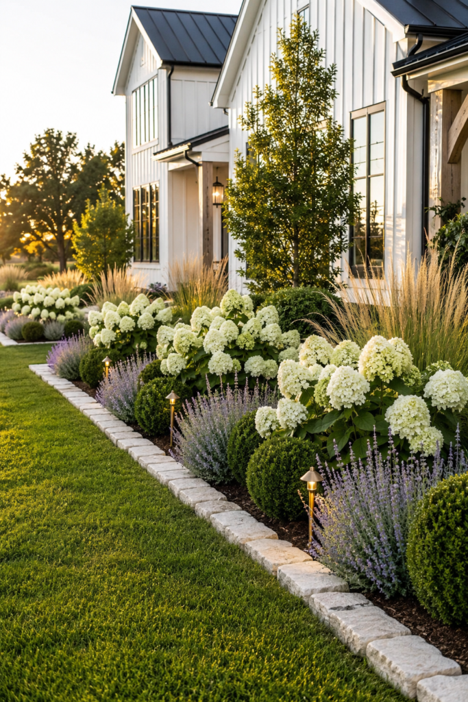 Luxury farmhouse flower bed featuring repeating white hydrangeas, boxwoods, catmint, and natural limestone edging for a professionally designed landscape.