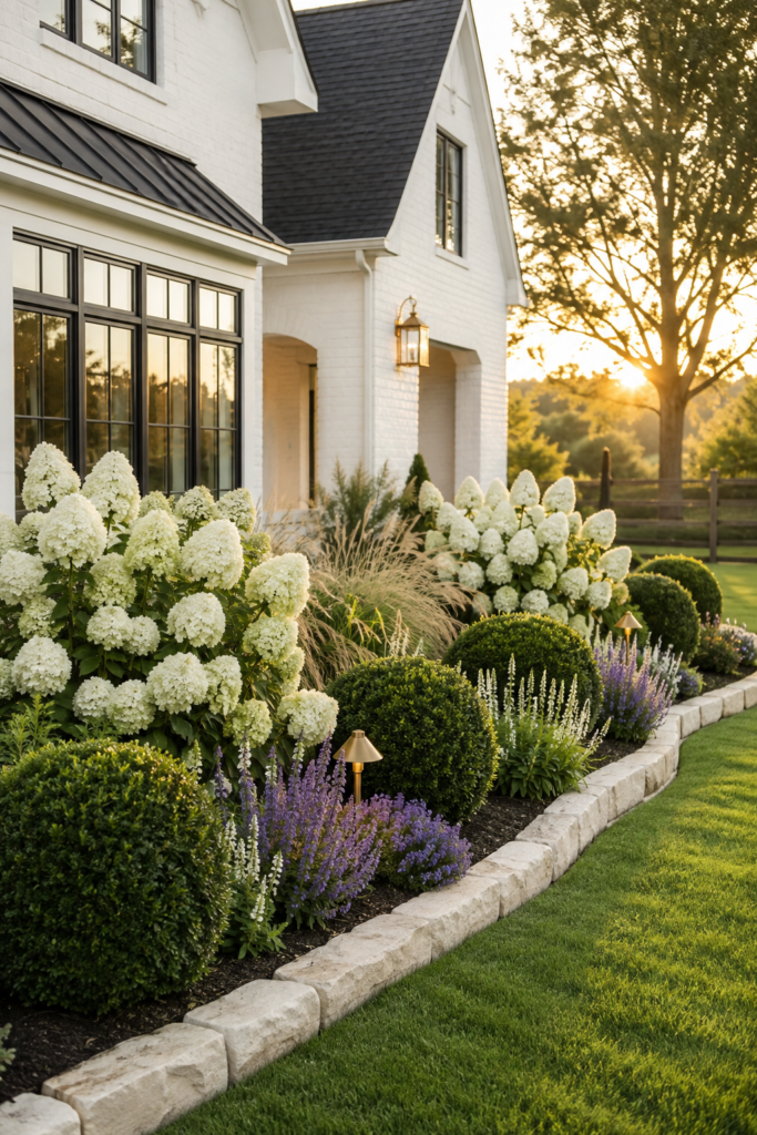 Luxury farmhouse flower bed anchored by mature white Limelight hydrangeas, boxwoods, ornamental grasses, and natural limestone edging.
