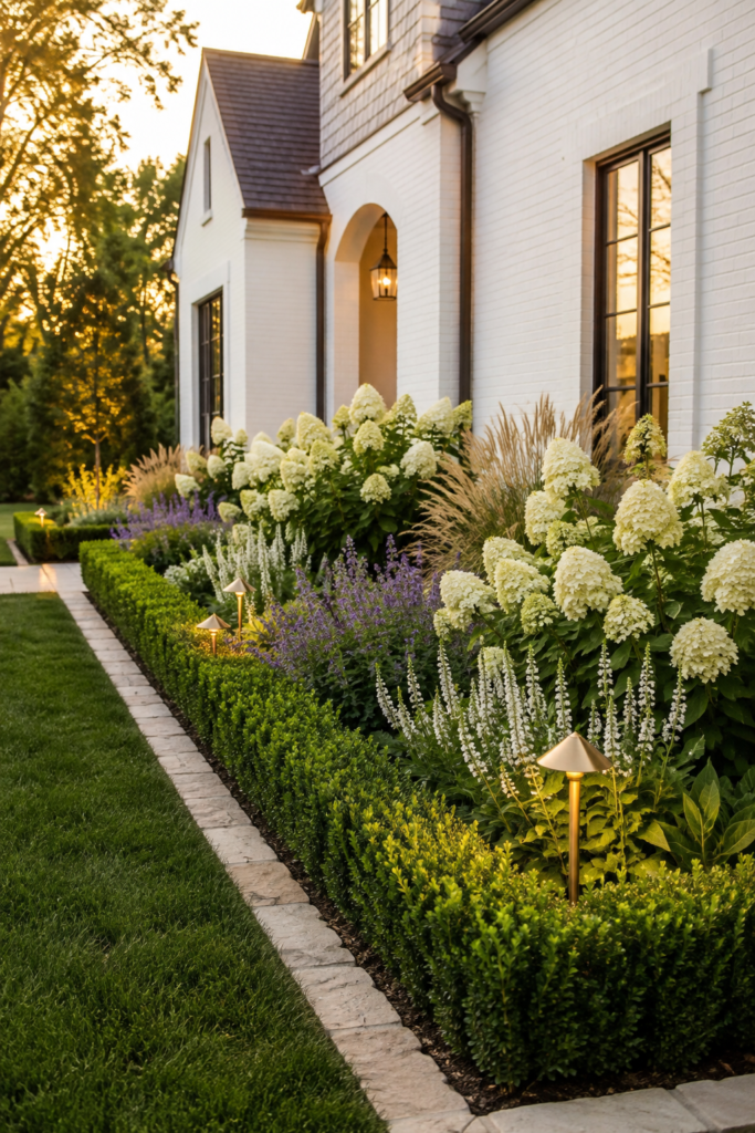 Luxury farmhouse flower bed featuring clipped Emerald Green boxwoods framing white hydrangeas with natural limestone edging and layered perennial landscaping.