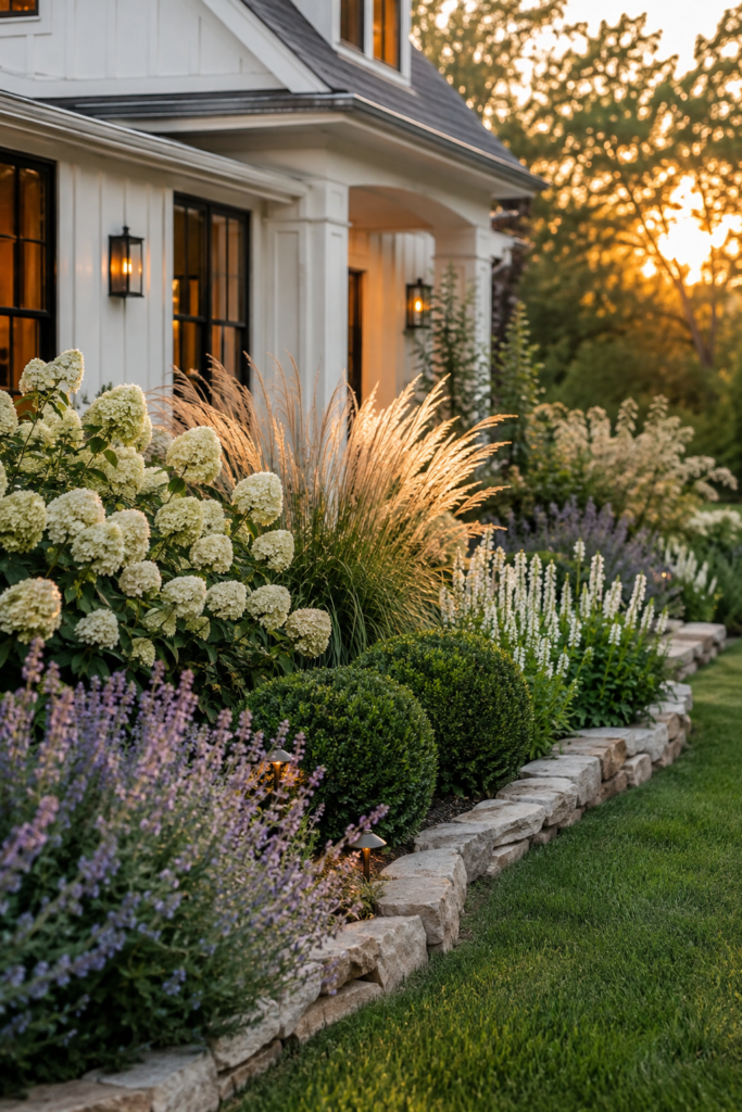 Luxury farmhouse flower bed featuring feather reed grass, white hydrangeas, clipped boxwoods, lavender catmint, and natural limestone edging.