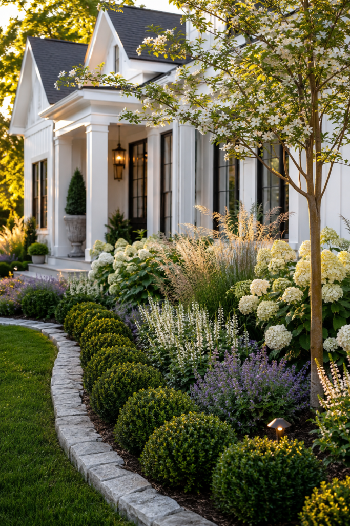 Luxury farmhouse flower bed featuring evergreen boxwoods mixed with white hydrangeas, perennial flowers, ornamental grasses, and limestone edging.