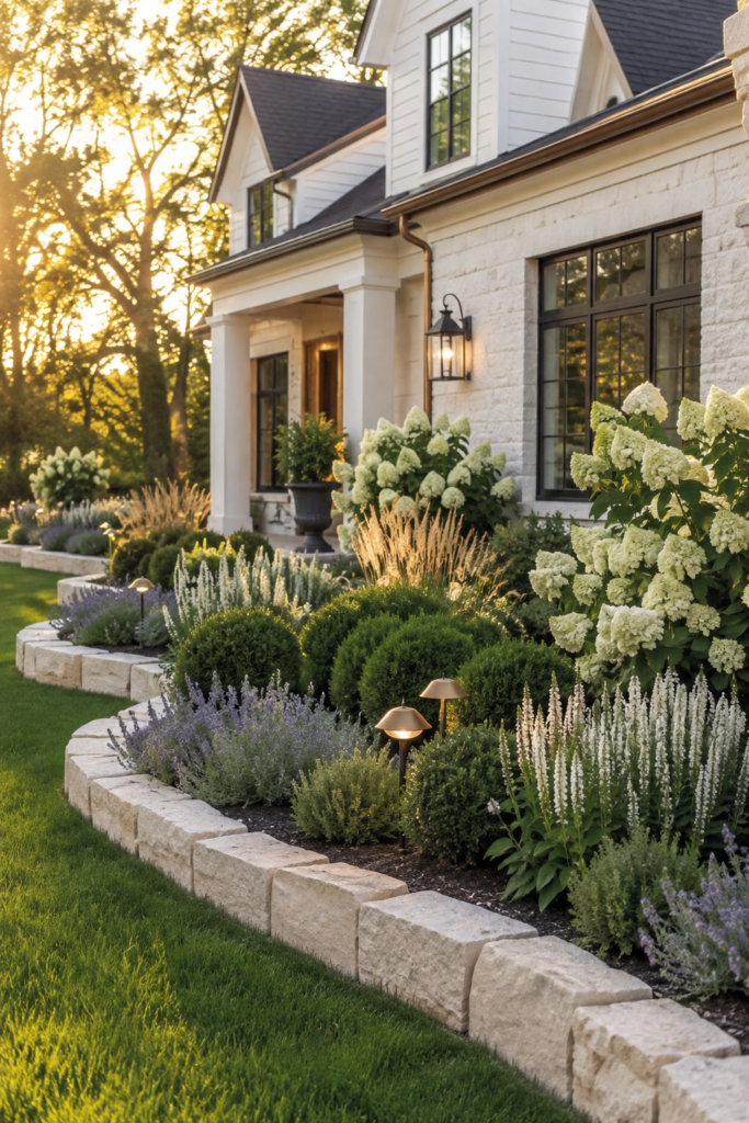 Luxury farmhouse flower bed featuring evergreen boxwoods mixed with white hydrangeas, perennial flowers, ornamental grasses, and limestone edging.