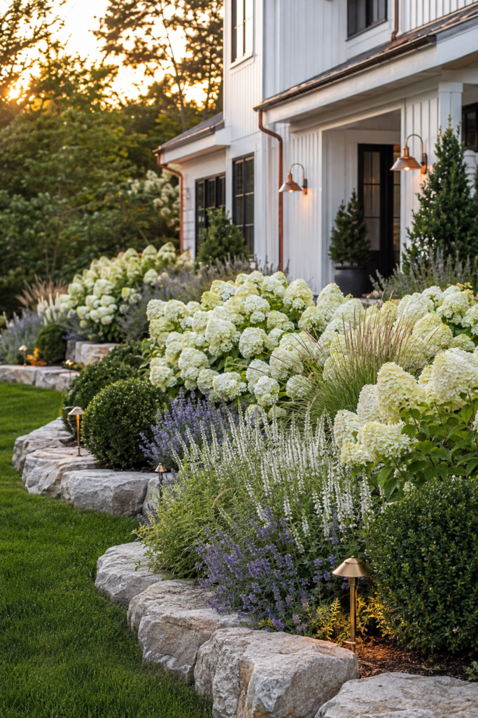 Luxury farmhouse flower bed featuring large drifts of white hydrangeas, lavender catmint, feather reed grass, and clipped boxwoods with limestone edging.