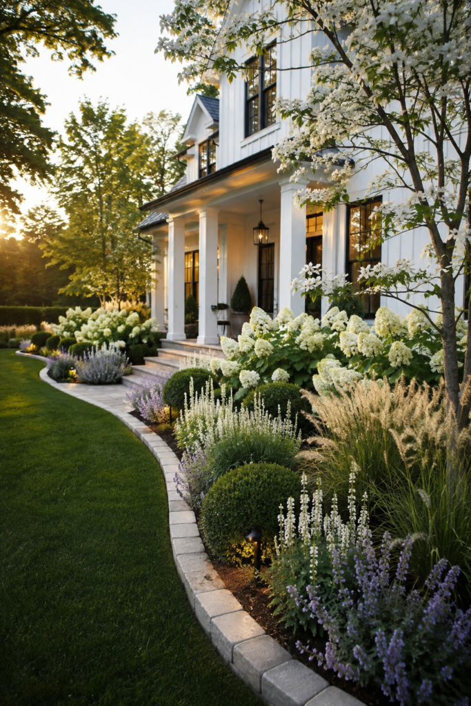 Luxury farmhouse flower bed with white flowering shrubs, Limelight hydrangeas, Emerald Green boxwoods, and layered perennial landscaping.