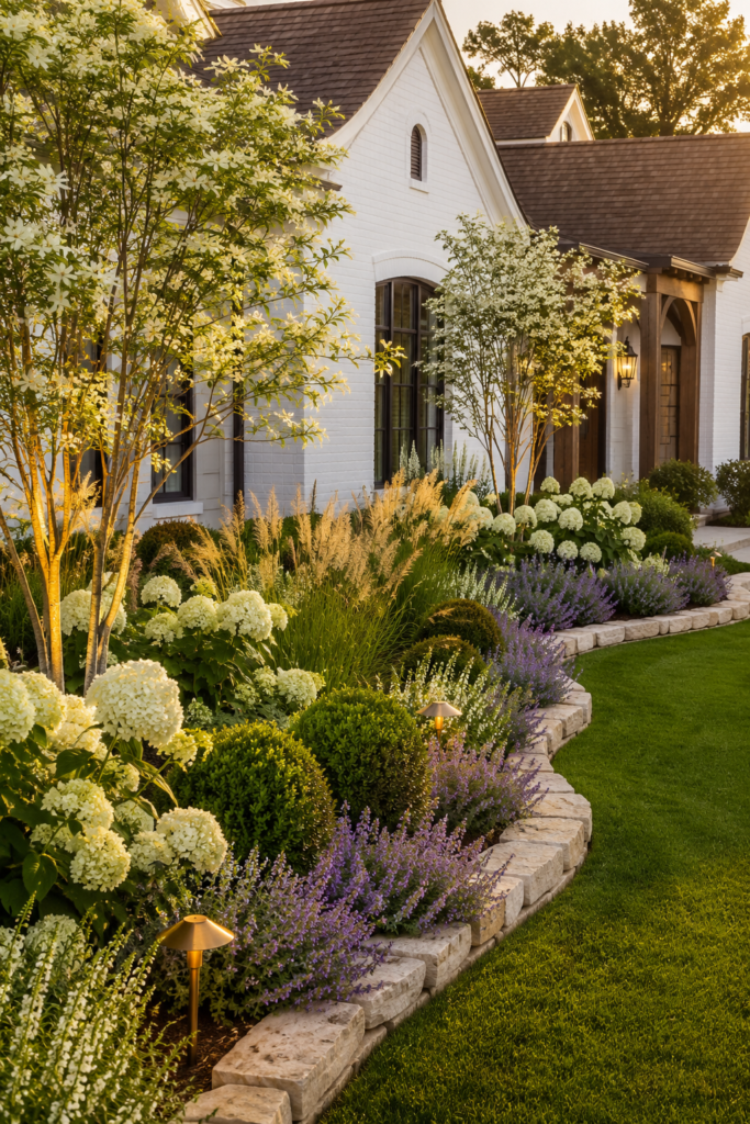 Luxury farmhouse with gracefully curved flower beds featuring white hydrangeas, boxwoods, ornamental grasses, limestone edging, and layered landscaping.